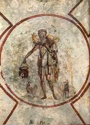        .   . Fresco of the Good Shepherd in the Catacomb of Callixtus in Rome. 